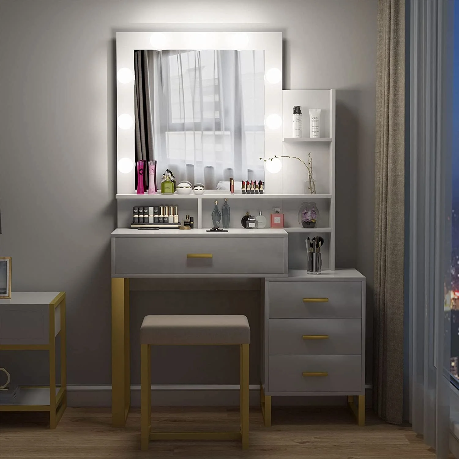 Dressing table with illuminating mirror, makeup dressing table with LED lamp, drawer, storage rack and upholstered stool, small
