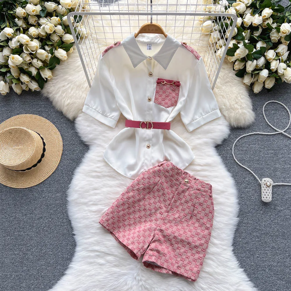 Women Two Piece Set Short Korean Sweet Age-Reducing Lapel Waist Slimming Short-Sleeved Shirt Wide-Leg Shorts Two-Piece Suit