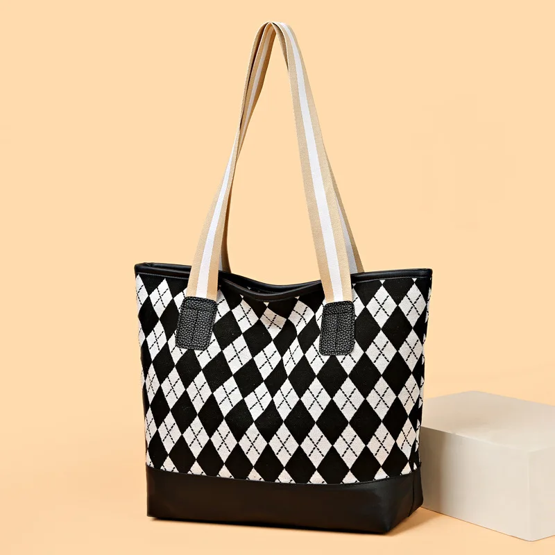 Canvas Tote Bag Simple Fashion  Leisure  Bag for Work  Lightly  Shopping Shoulder Bag A Cool Gift for Women(Black Grille)