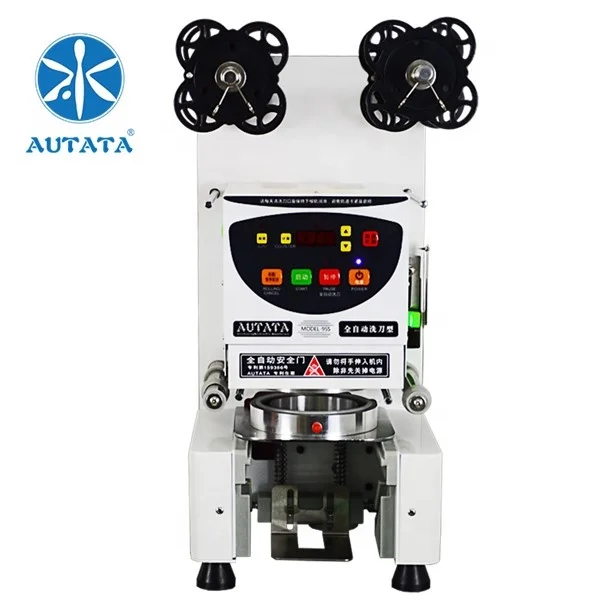 AUTATA Automatic Tabletop Paper Plastic Pet Beverage Container Sealer Equipment ATT-95S White For Bubble Milk Tea Coffee Juice