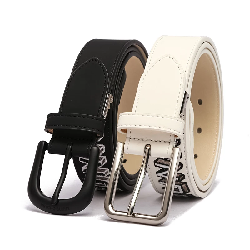 New design fashion men Golf belt black white color with jacquard weave OEM women belt pu leather Straps pin buckle