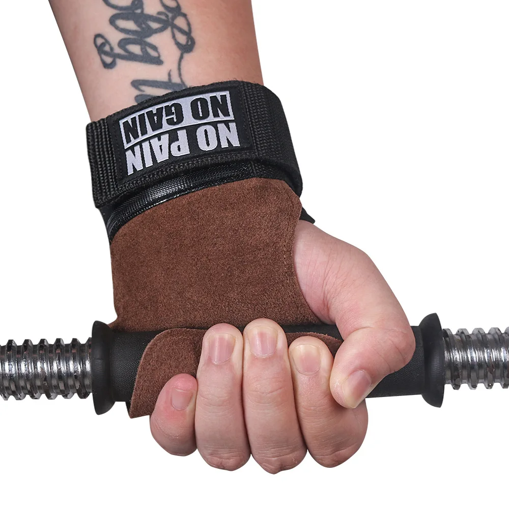 Custom High Quality Gym Fitness Cowhide Hand Palm Protector Weight Lifting Grips with Wrist Strap
