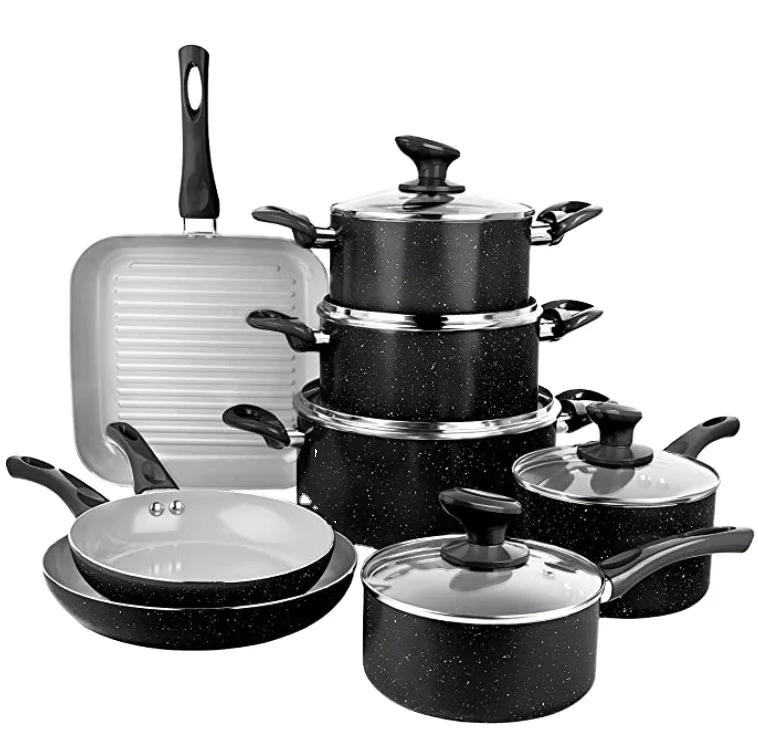 Набор Антипригарной Посуды, 13 предметов, набор антипригарных кастрюль и сковородок с трехслойным алмазным покрытием, 100% PFOA Free, Stay Cool Touch Han