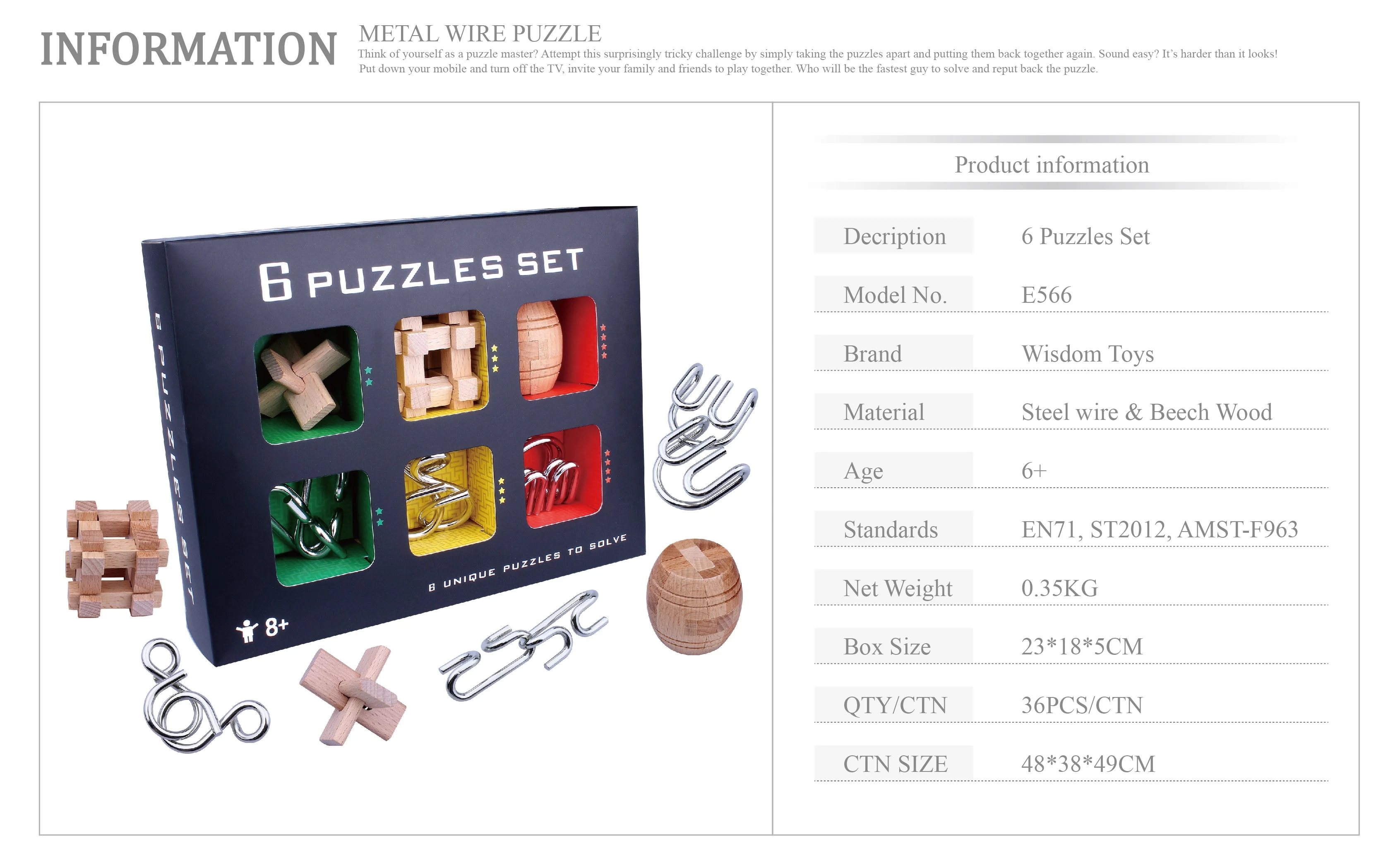 Set of 6 combination Educational toys wooden toys  metal wire puzzle