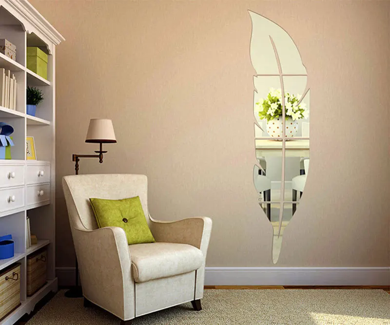 HOT 3D Feather Mirror Wall Sticker Room Decal Mural Art DIY Home Decor Decorative Mirrors