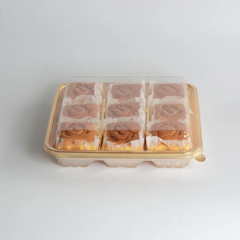 Aoyi Custom 9 Holes Golden Transparent Quadrate Plastic Cake Packaging Box Bakery For Dragon Logo Cheesecake