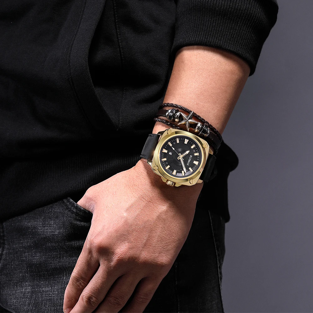Relojes Hombre RUIMAS 303 Original Brand Men Leather Quartz Watches Waterproof Luxury Square Watch
