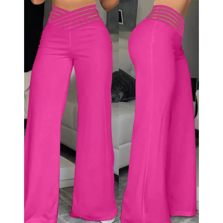 Elegant High Waist Flared Pants for Women Overlap Waisted Textured Crisscross Sheer Mesh Design Female Work Trousers