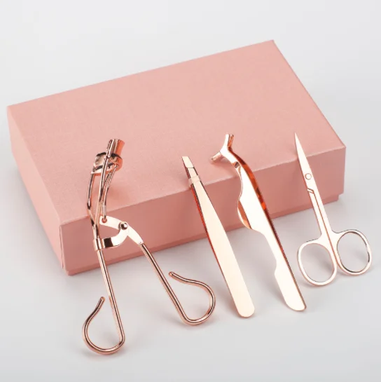 
Eyebrow Tweezers Scissors False Eyelash Applicator with Customized Packing Box Lash Curler 4Pcs Gold Eyelash Curler Set 