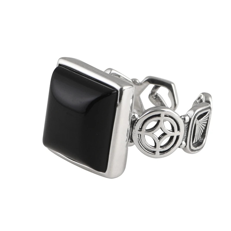 S925 sterling silver ring wholesale for women simple square black agate ring open adjustable fashion accessories