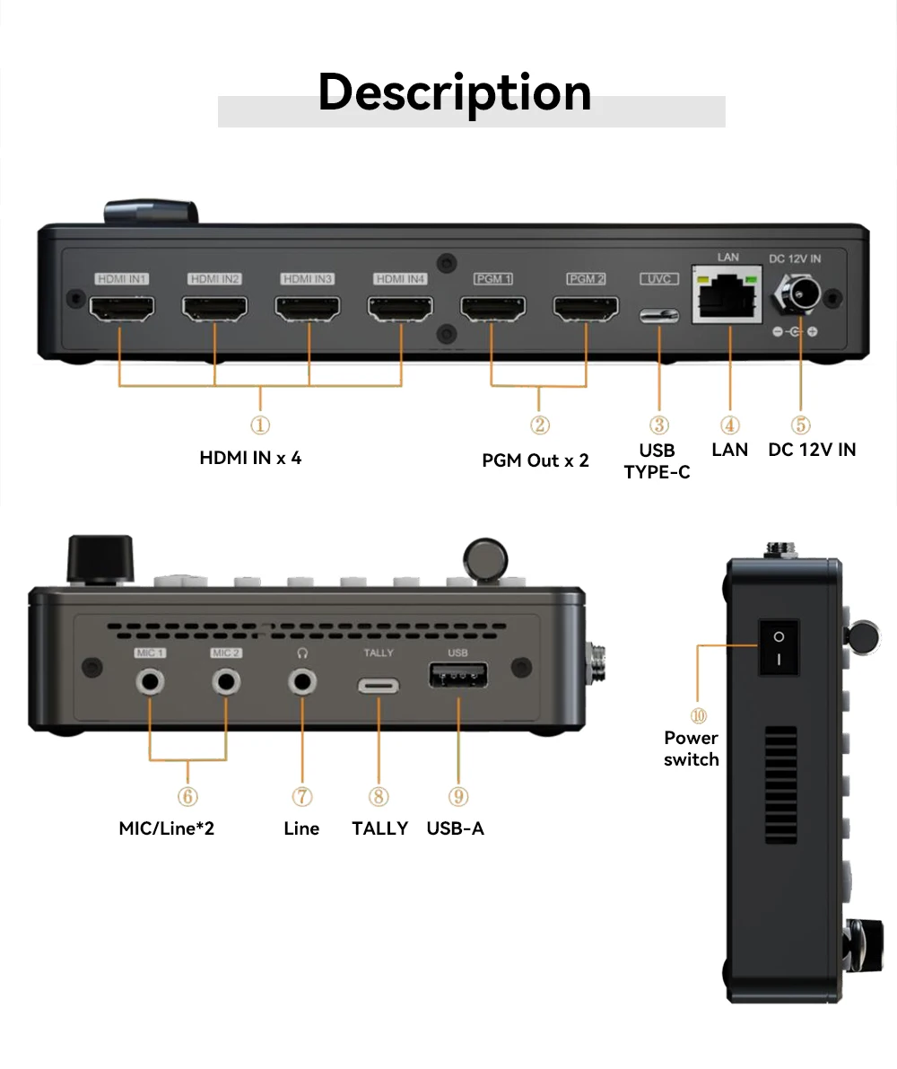 Quad broadcast 4 channels video streaming switcher video mixer live stream mixer video switcher for live and broadcast keyboard