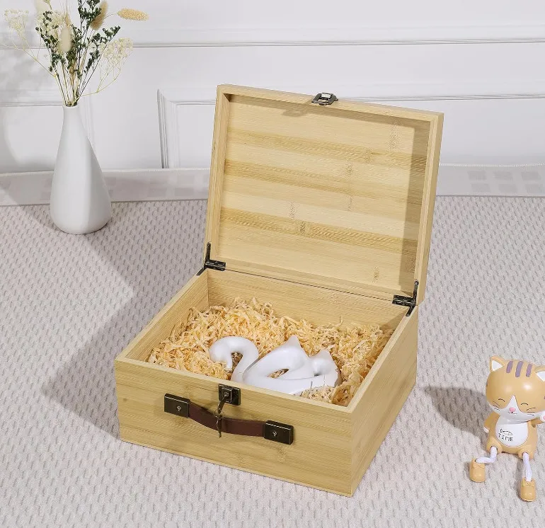Large Portable Natural Wooden Storage Bins Basket Bamboo Wood Storage Box with Lock Keys Hinged Lid