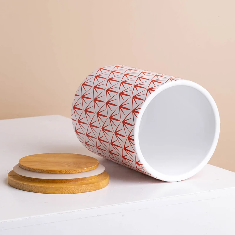 Food Storage Canister Ceramic Red Print Jar Bamboo Lid Sugar Coffee Tea Container Jar For Food