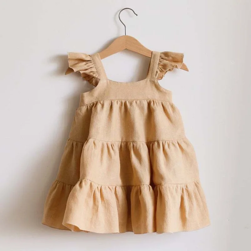 Solid Cotton Linen A-Line Dress for Kids Girls Baby Summer Wedding Birthday Party Casual with Short Ruffles Sleeves Knee-Length