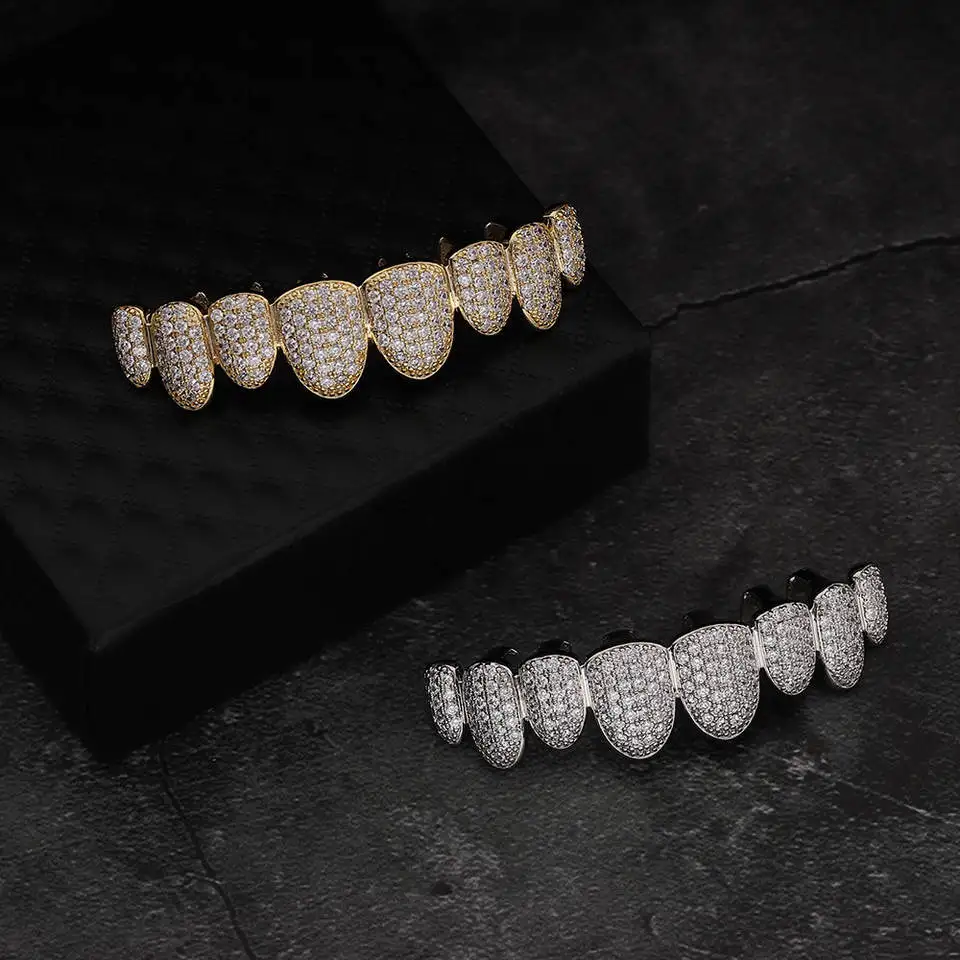 New Silver Plated Hip Hop Teeth Grillz Zircon Cz Moissanite Stones Iced Out Gold Diamond Grills For Teeth
