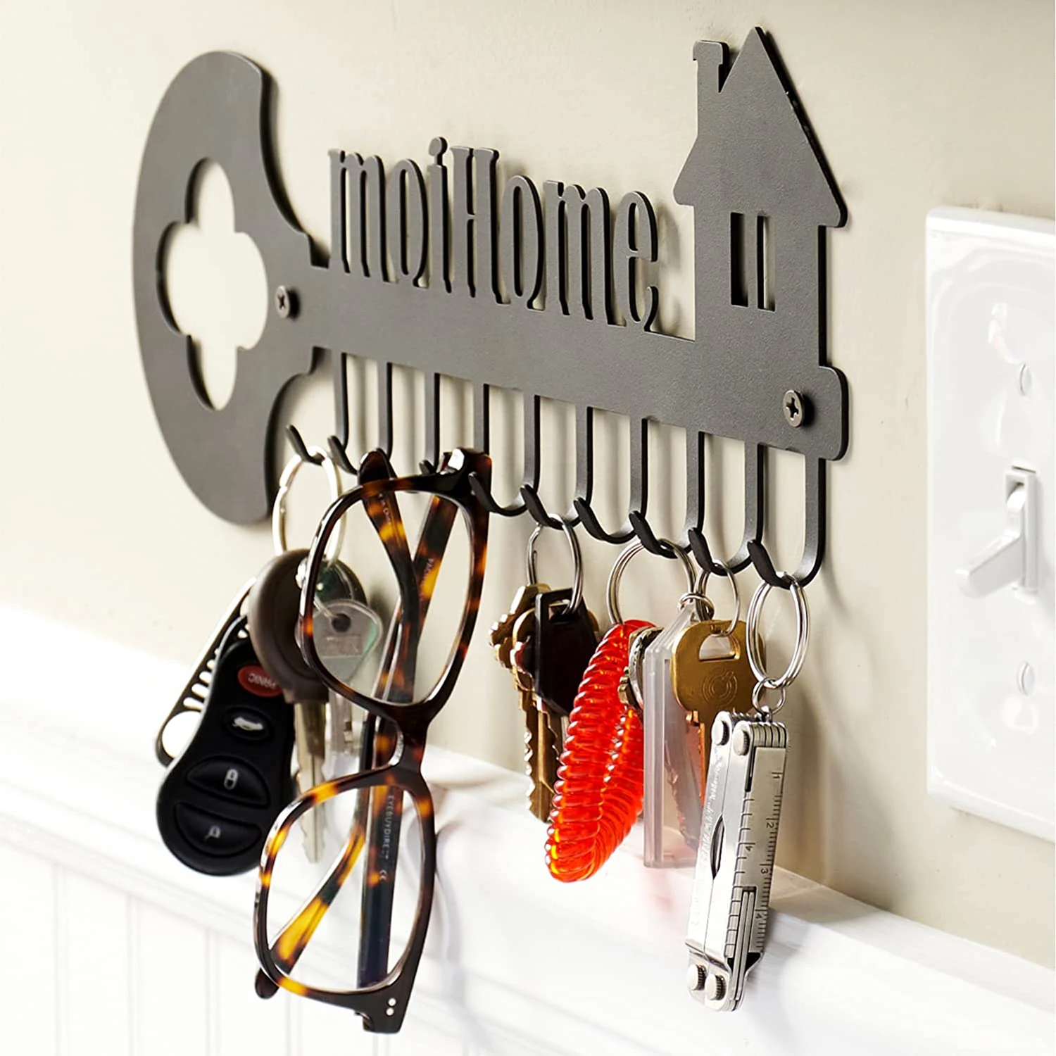 Key Organizer Wall Mount Rack - Decorative 10 Hook Iron Key Ring Holder for Wall - Ideal for Entryway, Front Door, Kitchen