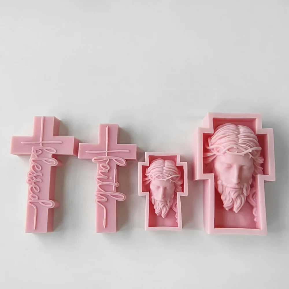 Silicon Molds for Candles 3D Relief Cross Candle Moulds Silicone Jesus Head Portrait Moldes De Silicona Para Velas Candle Molds