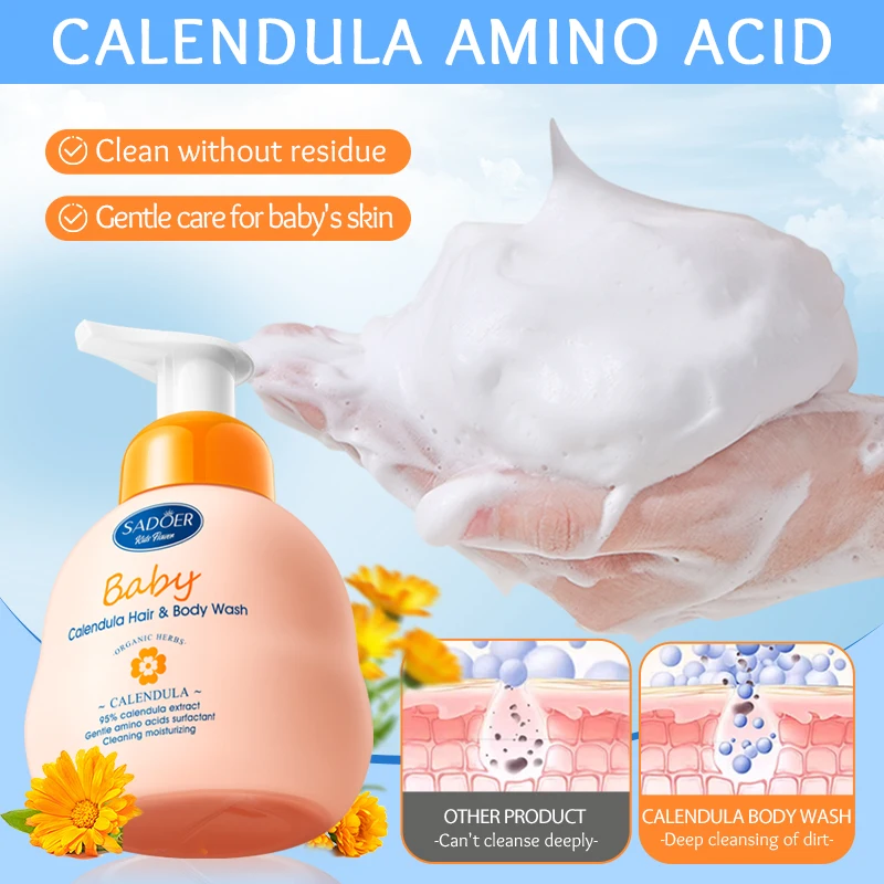 OEM SADOER Wholesale Natural Calendula Amino Acid 2 In 1 Kid Shampoo And Shower Gel Children Care Cleansing Nourishing Body Wash