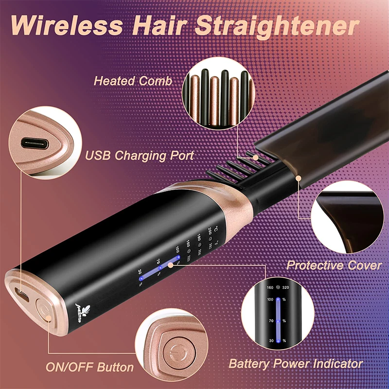 Wholesale wireless Comb Portable Hot Comb Hair Straightener Heat Comb Ceramic Flat Iron cordless Curlers with usb Charge