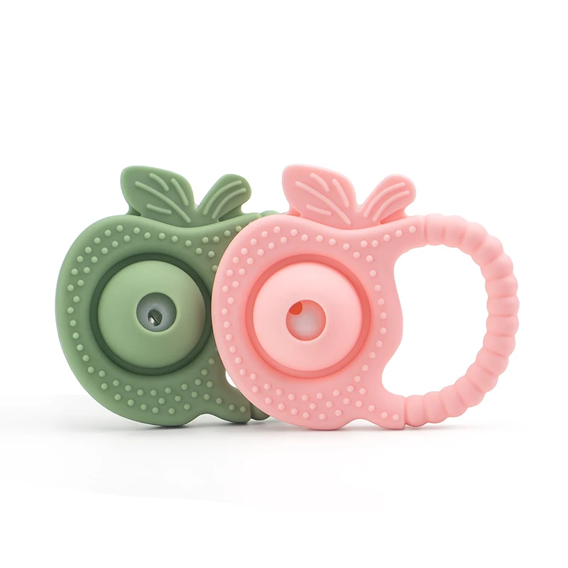 Customized Apple Fruits Vegetables Babysilicone Hand Ball Baby Teether Rattle Toy Colorful Silicone Teether
