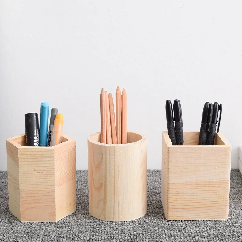 unfinished round desktop office organizer pot rustic wooden pen holder