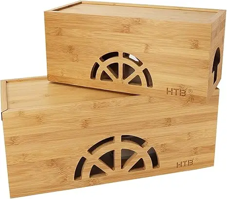 Factory Supply Home Wooden Magnetic Large & Small Bamboo Cord Organizer Cable Management Box  To Hide Wires