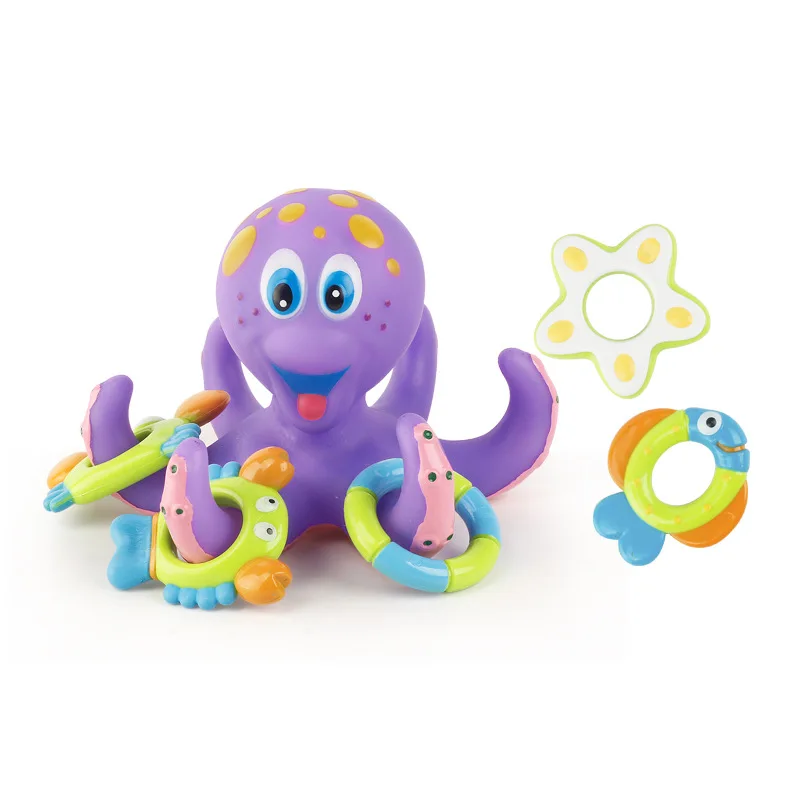NK Toys Wholesale Rubber Octopus Bathing Shower Toys Floating Purple Octopus with 5 Hoopla Rings Interactive Bath Toy