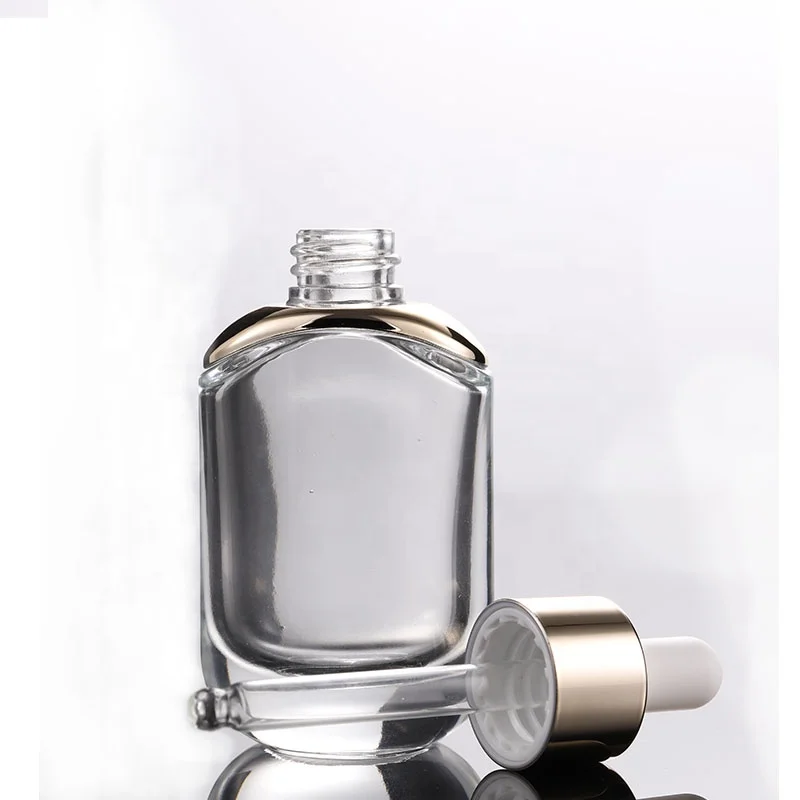 Wholesale transparent flat square glass dropper bottle 30ml glass bottles with gold silver dropper cap
