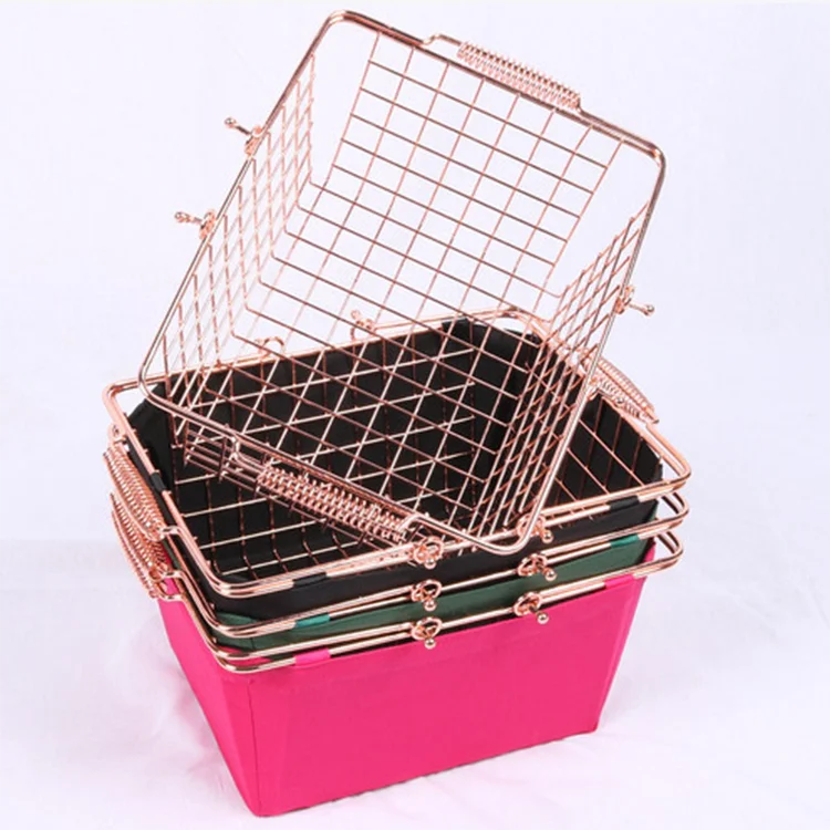 Manufacturer Direct Wholesale Rose Gold Cosmetics Store Shopping Basket Metal Wire Mesh Basket with Cloth Sleeve