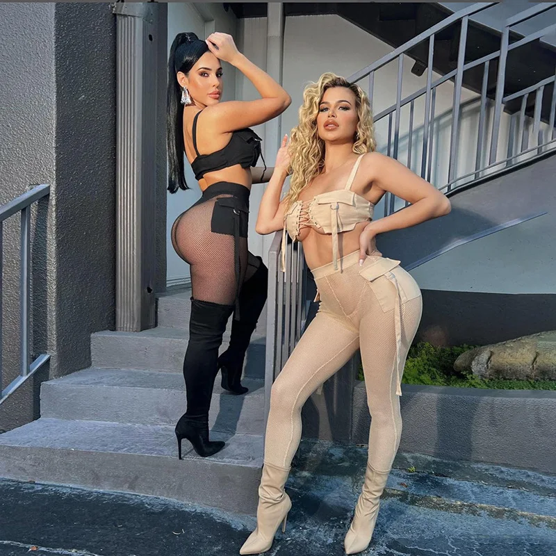 sexy cargo fishnet pants and crop 2 pieces set wholesale mesh two piece set women black mesh set summer 2022