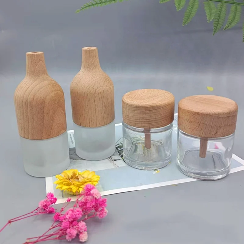 Wholesale Air Aroma Reed Fragrance Empty 30ml 50ml Luxury Glass Diffuser Bottle with wooden cap