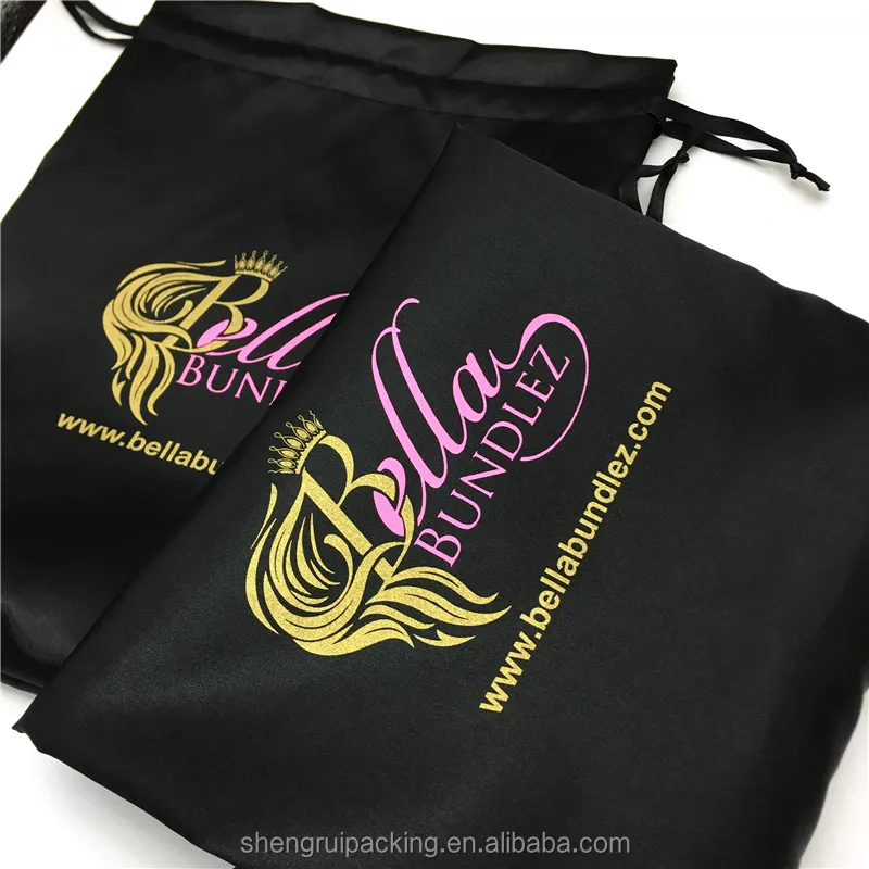 Custom black silk satin hair weave bags with gold logo