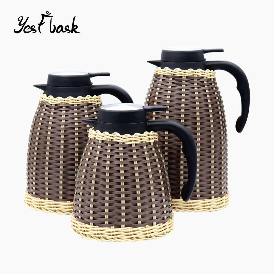Rattan Bamboo Woven Thermo Kettle Stainless Steel Vacuum Insulated coffee Flask