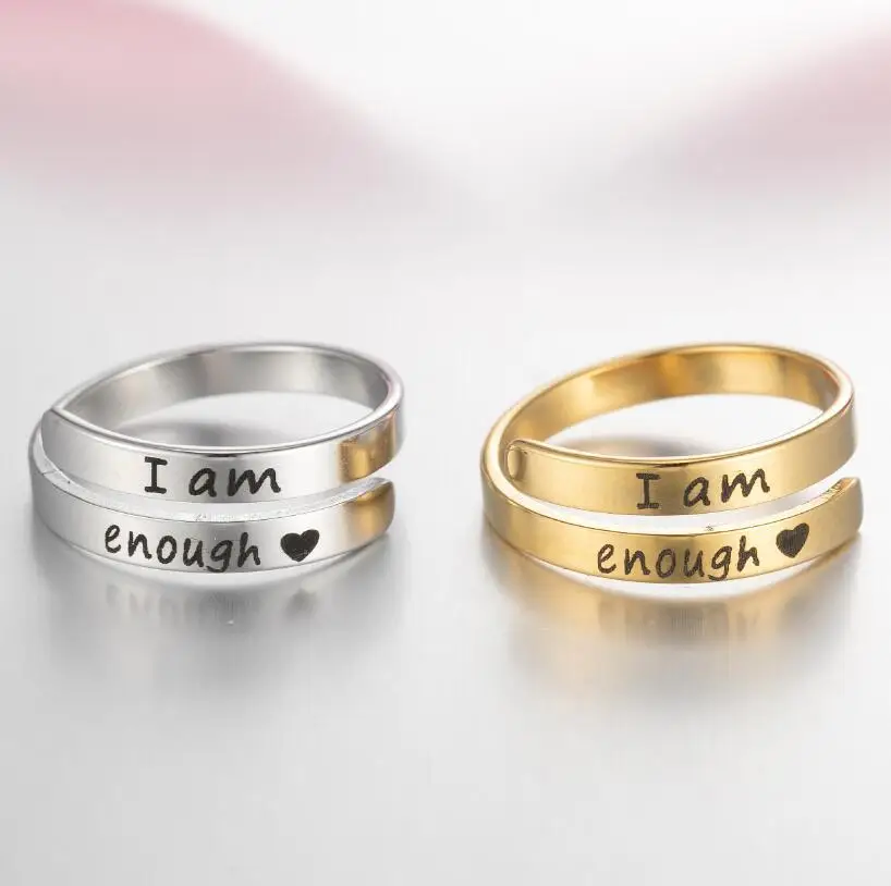 Inspirational 18k Gold Silver Plated Laser Engraved I AM ENOUGH Woman Adjustable Stainless Steel Rings Jewelry