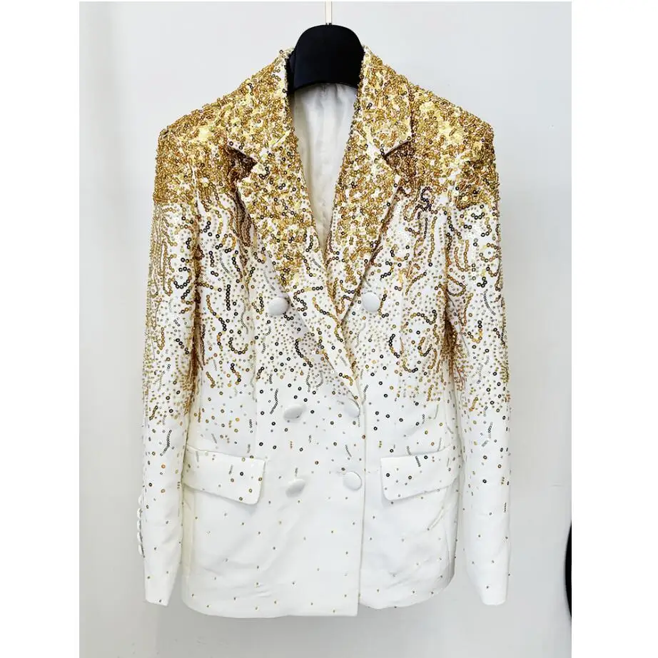 A9325 Drop Shipping Fashion Trend Jacket Gold Sequins Long Sleeve Lapel Long Coat Formal Office Ladies Women Blouses