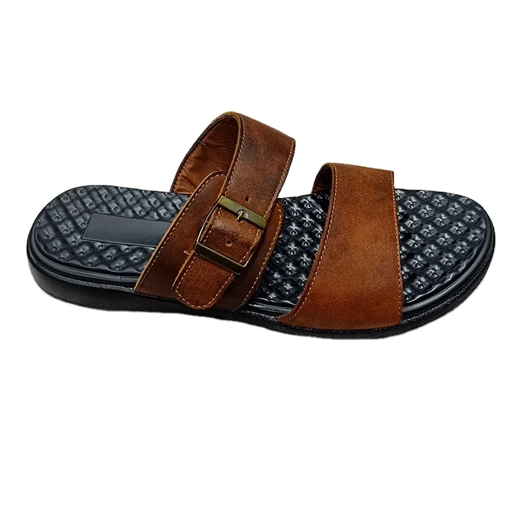 New design vintage leather good quality hardware decorative belt buckle mens slides slippers