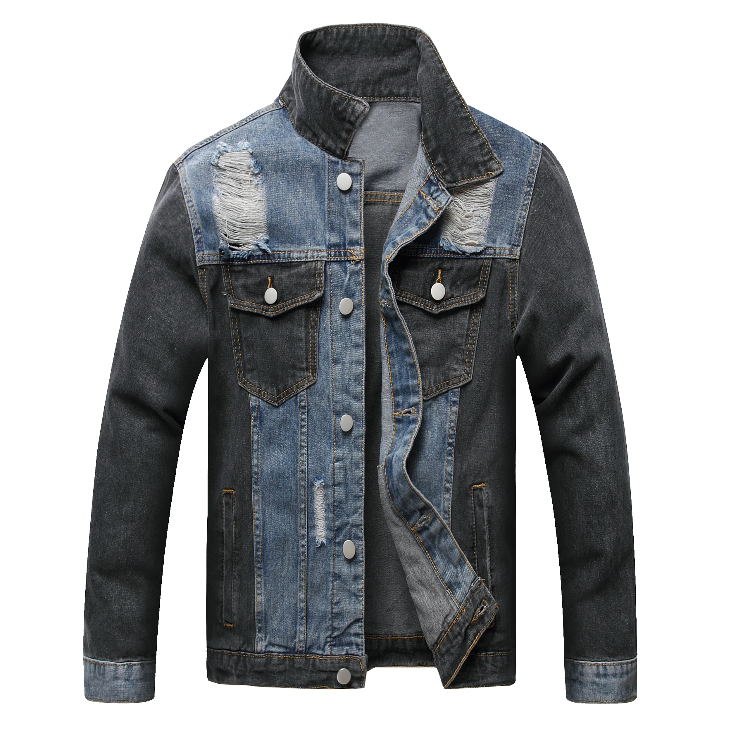 Low MOQ Stock Custom Logo Black Embroidered Destroyed Denim Jacket Fluty Sports Laser Etch Denim Jacket