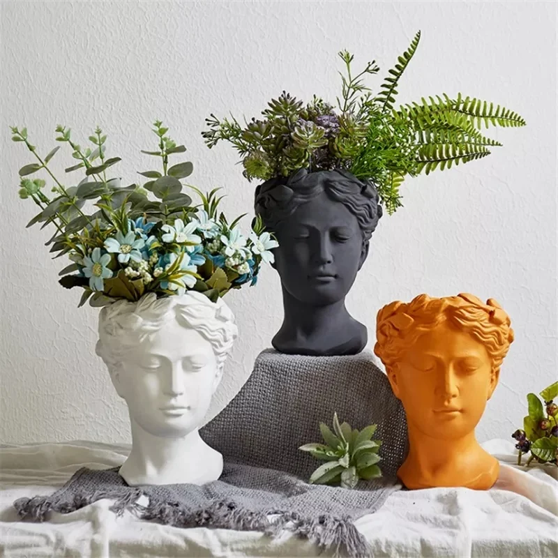 Portrait Retro European Art Vase Cement Head Flower Pot Venus Greek Goddess Statue Vases Minimalist Home Decor planter