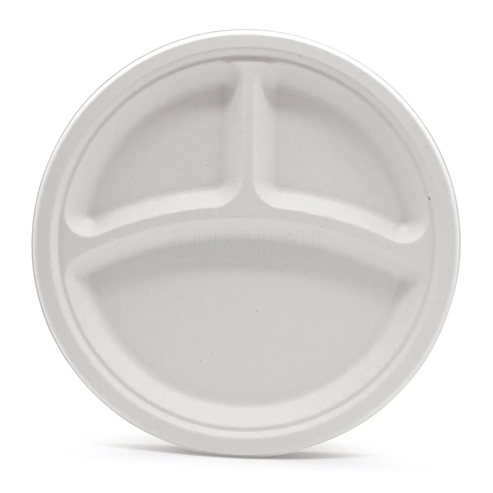 9 Inch 3-Comp 100% Biodegradable & Compostable bagasse sugarcane disposable dinner plates china