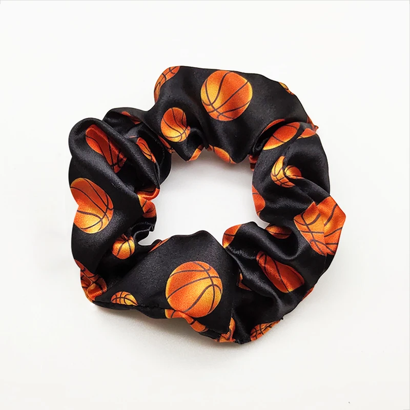 Factory sale custom sport ball printed satin hair ties band elastic scrunchies for hair