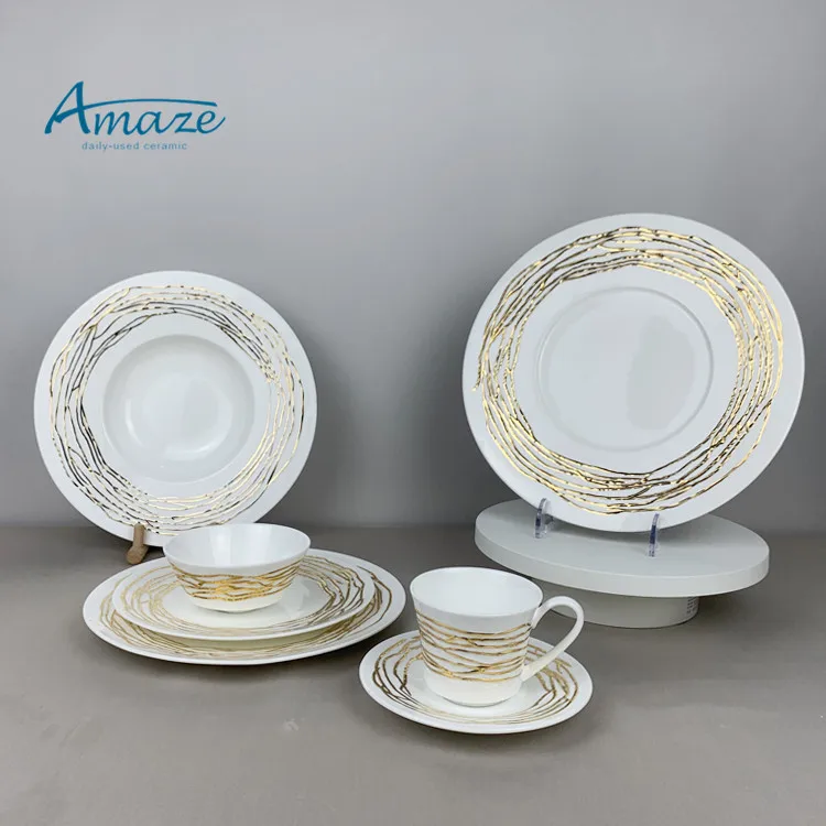 Dishwasher safe bright white minimalistic catering dinnerware dish gold rim decor restaurant salad pasta ceramic porcelain plate