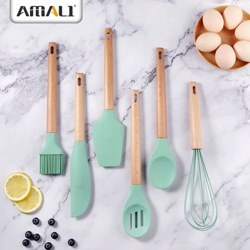 Korean Hotel Modern Unique Cheap ECO Friendly Private Label Bulk Silicone Kitchen Utensils Cooking Ware Set Beech Wood Handle