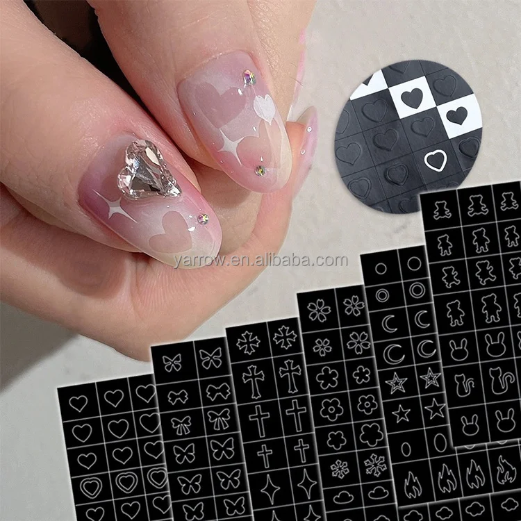 2 in 1 nail art decals flower butterfly star heart bear airbrush stencil sticker hollow painting template DIY sticker
