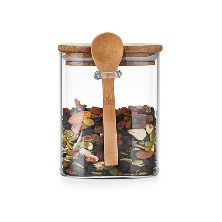 Hot Selling Wholesale Price Available Different Sizes Square Glass Jar With Bamboo Lid Spoon