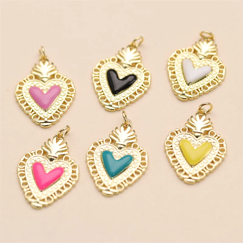 Enamel Colorful Heart Pendant Jewelry Making Necklace Bracelet Charm Accessories Diy Gold Plated Pendants For Teen Girl Women