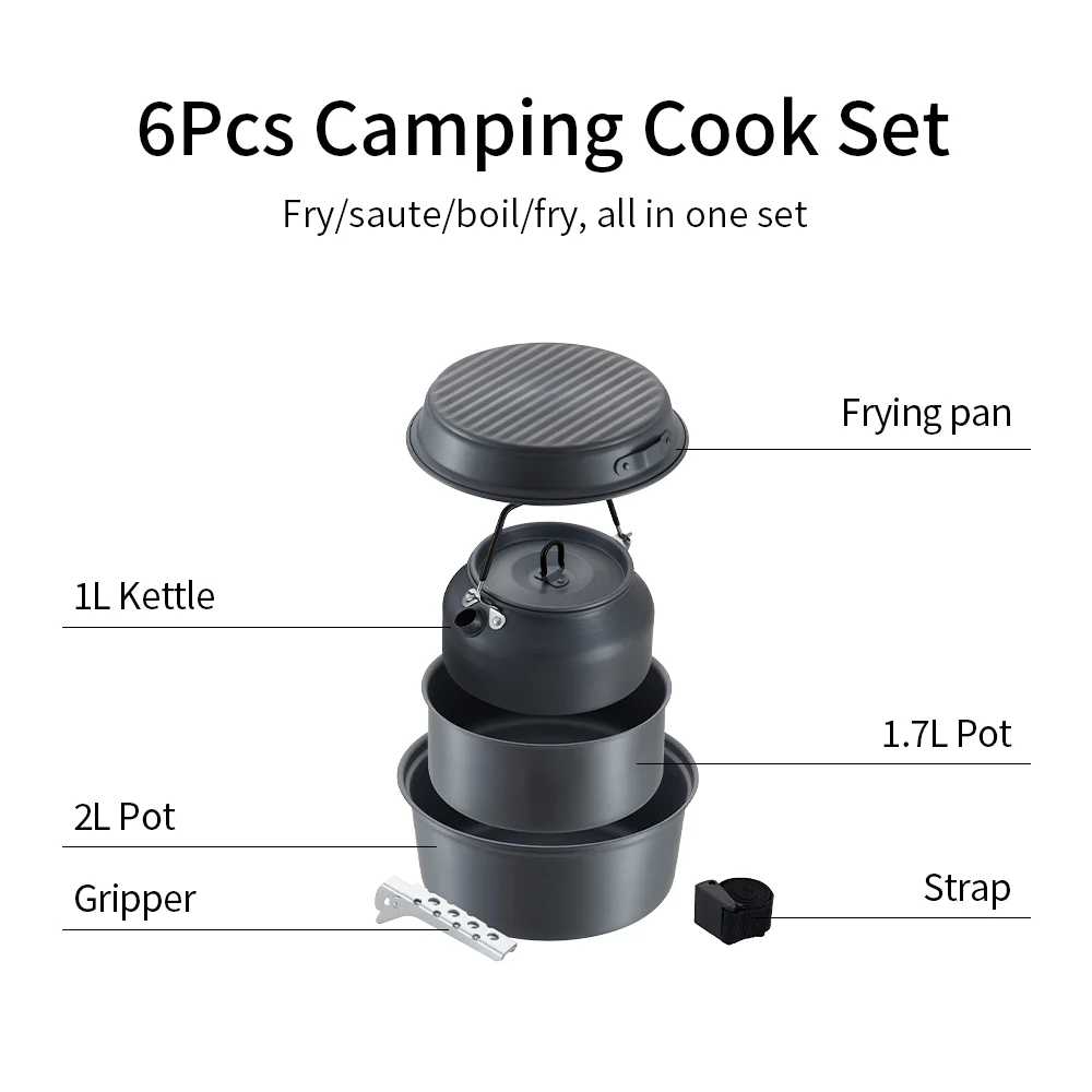 tableware hiking outdoor kitchen pot 6 pcs hard anodized aluminum camping cook set