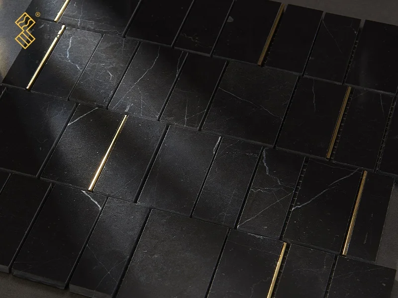 YUSHI Custom New Design Wealthy Style Brass inlay Black marble Mosaic Wall Tile for Bathroom Decoration