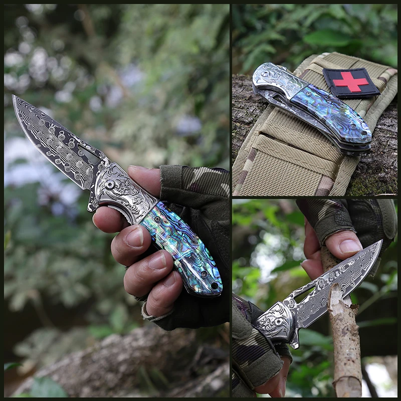 Free Sample Damascus EDC Engraved Abalone Pocket Knife Gift Ebony Wooden Handle Folding Knife Anniversary Husband Father Wedding