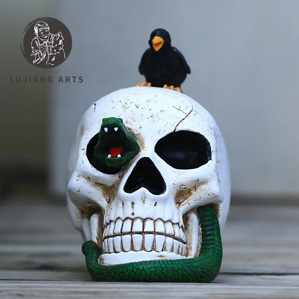 7.4 inch White Skull Statue Resin Skull Sculpture Decoration White Skull Snake And Crow Figurine Halloween Gift