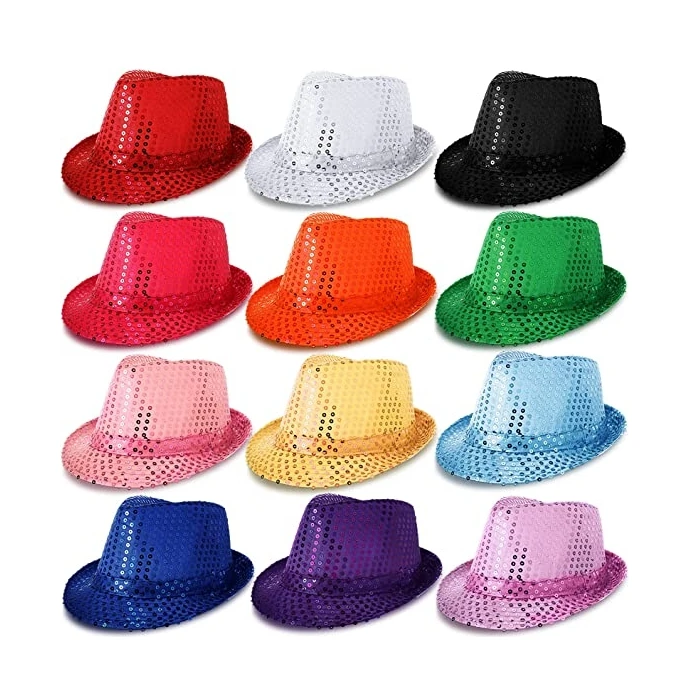 Western Unisex Costume Sequin Fedora Hat Solid Color Dance Glitter Sequin Hat  for Women Men Party Props Supplies